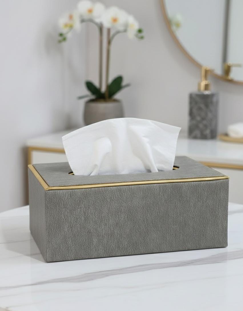 Light leather gold tissue box grey gold decorative tissue holder for home hotel restaurant office tabletop and countertop organisation 25x14x9.5cm.