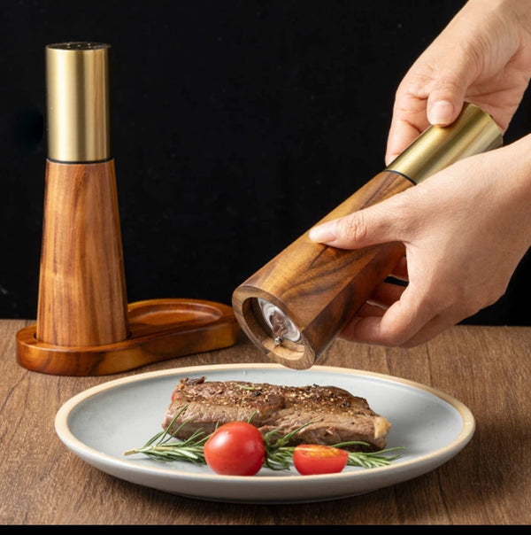 3 piece bamboo pepper and salt grinder set with wooden tray refillable handheld seasoning grinders featuring ceramic grinding core natural wood