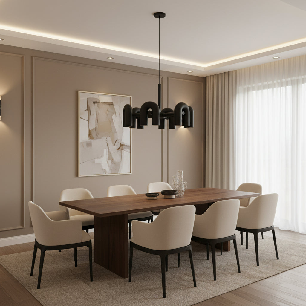 Matte black circular U-hoop chandelier with 6 hoops each fitted with twin LED downlights and warm gold interior reflector for sculptural modern lighting.