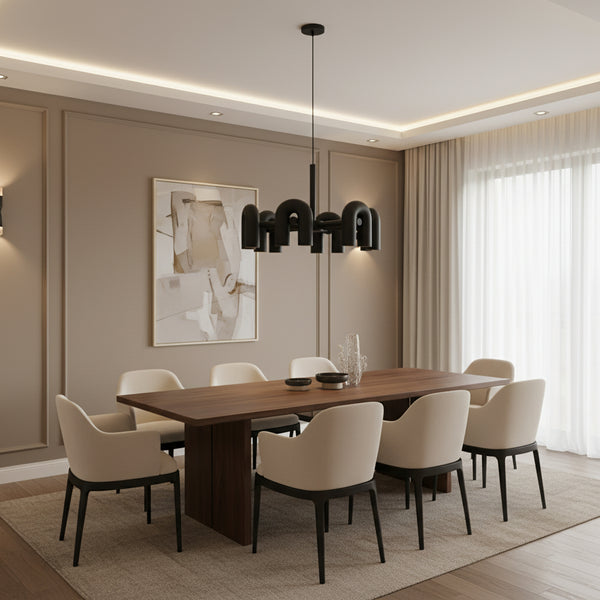Matte black circular U-hoop chandelier with 6 hoops each fitted with twin LED downlights and warm gold interior reflector for sculptural modern lighting.