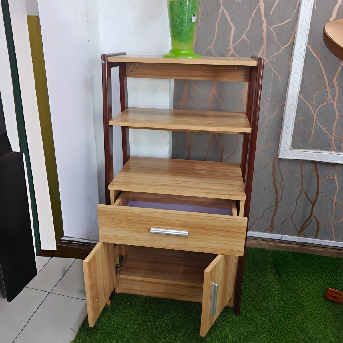 3-Tier Wooden Display Cabinet with Drawer and 2-Door Storage