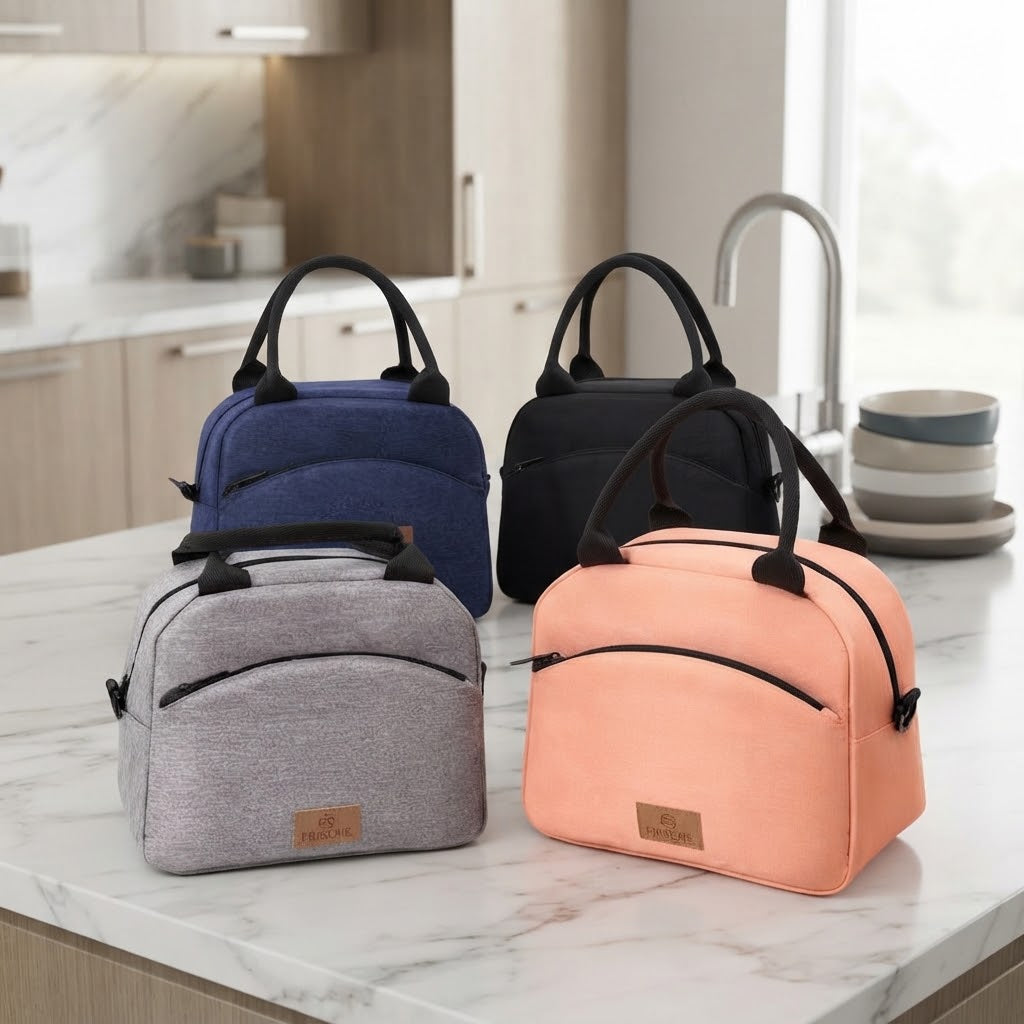 half round large capacity insulated lunch bag available in black, navy blue and grey, designed for carrying packed meals, snacks and drinks to work, school, travel and outdoor outings.