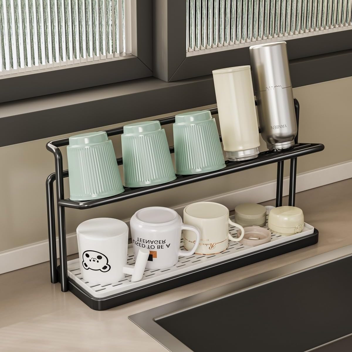 Gemelli Colllection double layer storage rack with cup holder kitchen countertop organizer space saving spice utensil rack