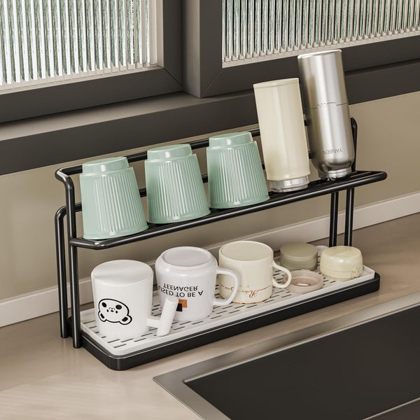 Gemelli Colllection double layer storage rack with cup holder kitchen countertop organizer space saving spice utensil rack