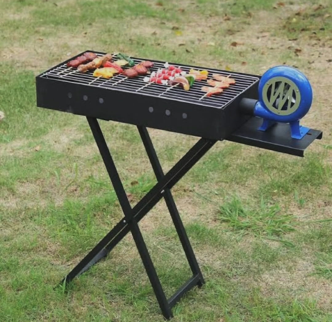 Outdoor camping folding charcoal barbecue grill with manual air blower, portable metal BBQ grill -Brand(Gemelli Collection)