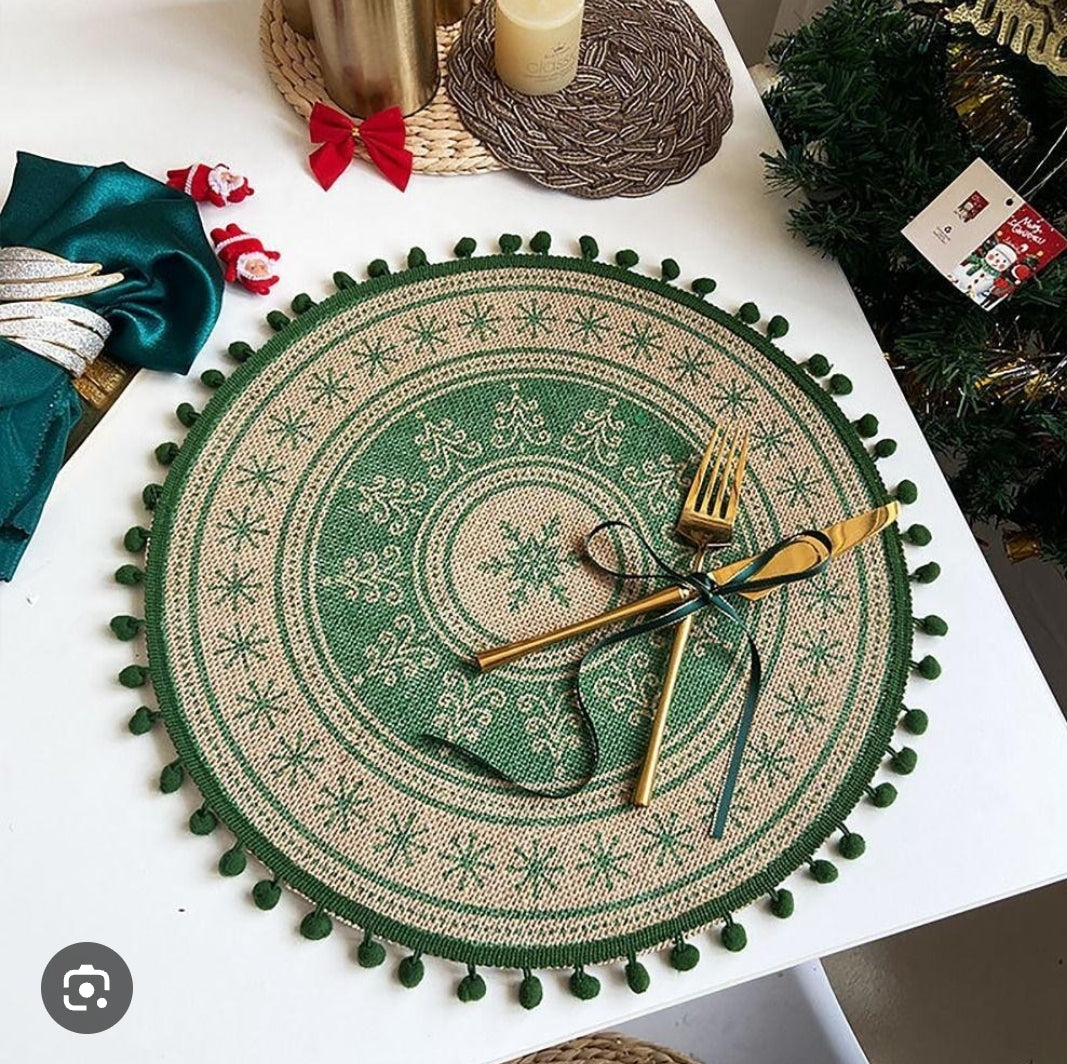 Set of 3 Round Jute Christmas Table Mats with Pom Pom Trim