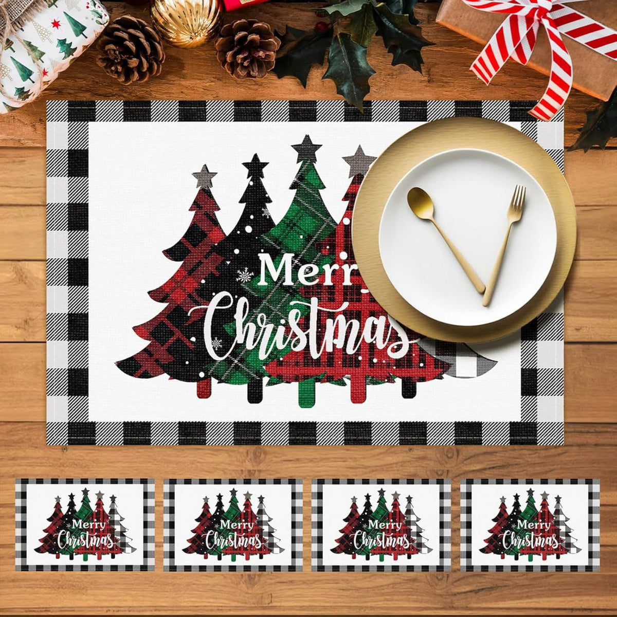 6-Piece Plaid Christmas Rectangular Placemats, 28 × 44cm