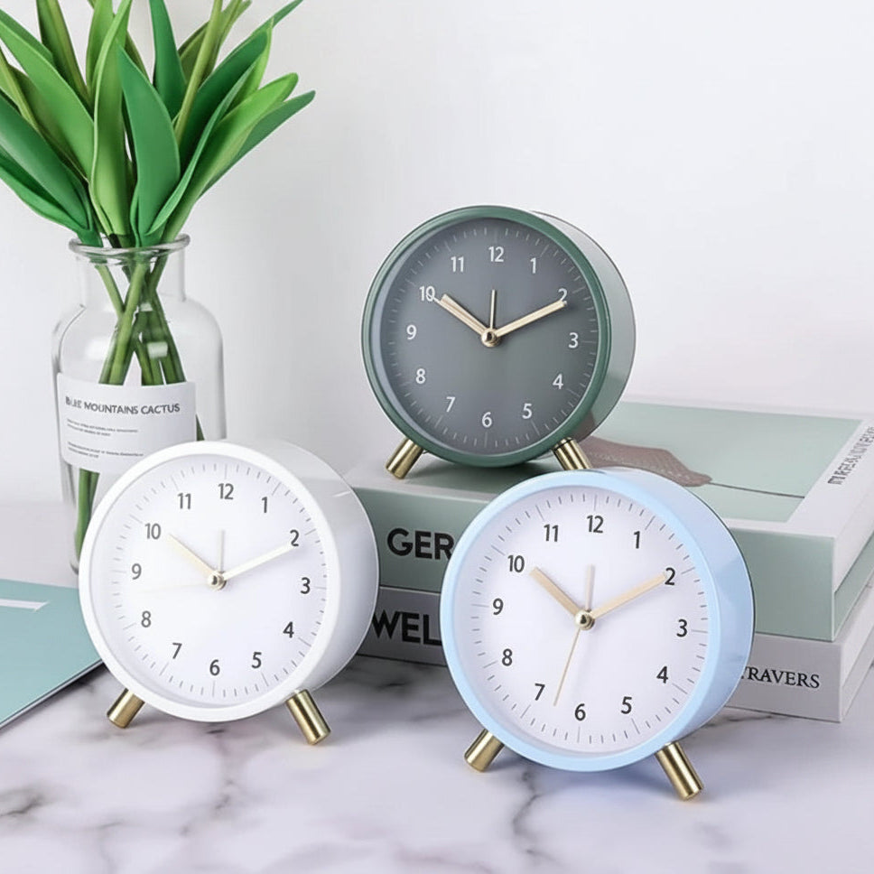 European fashion electronic table clock with silent quartz movement modern desktop alarm clock for bedroom living room office and study table available in white dark green and blue
