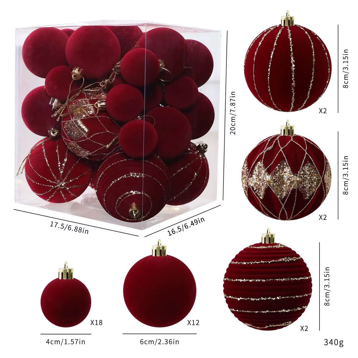 36 Pieces Burgundy Velvet Christmas Baubles with Gold Glitter Detailing