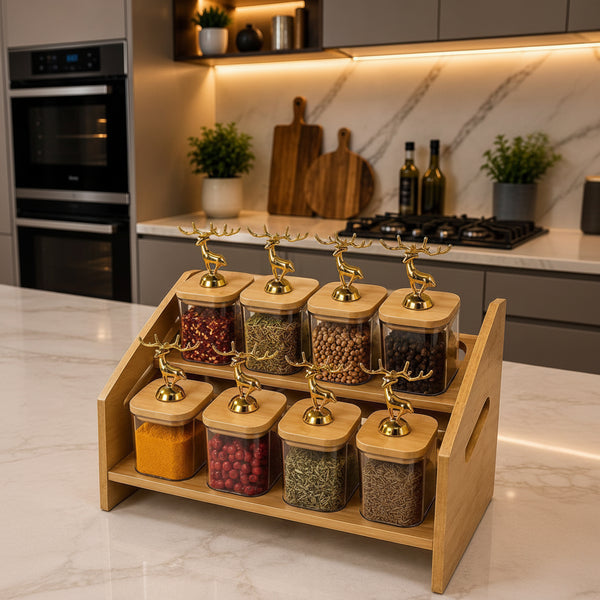 8-piece 300ml kitchen spice rack set with a bamboo stand for organised storage of spices and seasonings.