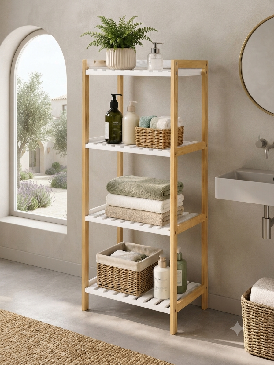 Gemelli Collections 4-tier bamboo bathroom rack with spacious shelves for towels, toiletries and baskets, measuring 110cm x 34cm x 33cm.