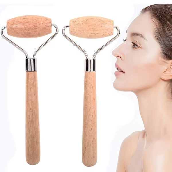 Wooden handheld face and body massage roller for facial, eye-area, neck, hand, and general relaxation massage routines