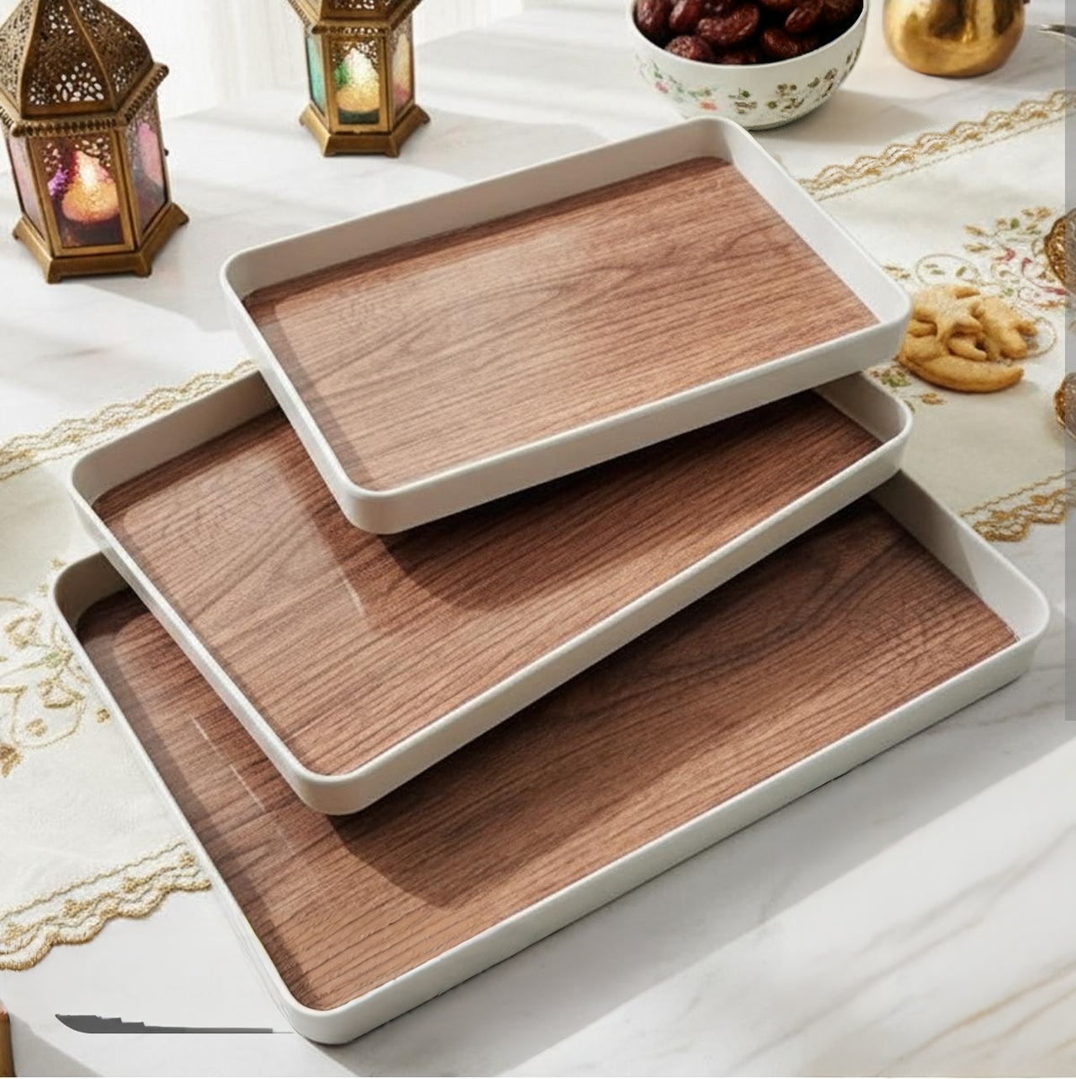3 piece premium wooden serving tray set with wood grain finish white edges and raised sides for serving organising and home décor display.