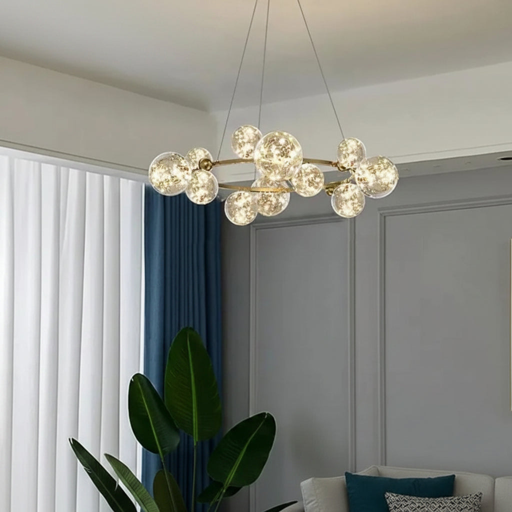 Gemelli Collections 12-bubble LED chandelier featuring crackled glass globe lights on a gold circular frame, luxury ceiling lighting for dining rooms, living rooms, hotel lobbies, staircases, restaurants, and modern interiors.