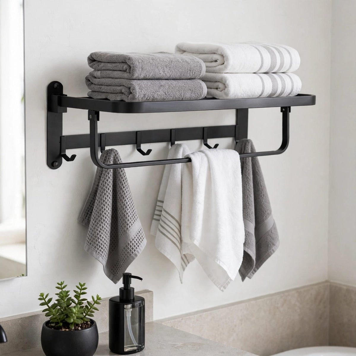 Gemelli Collections wall mounted foldable towel rack with shelf towel bar hooks matte black aluminium bathroom organiser 60 x 24 x 18 cm.