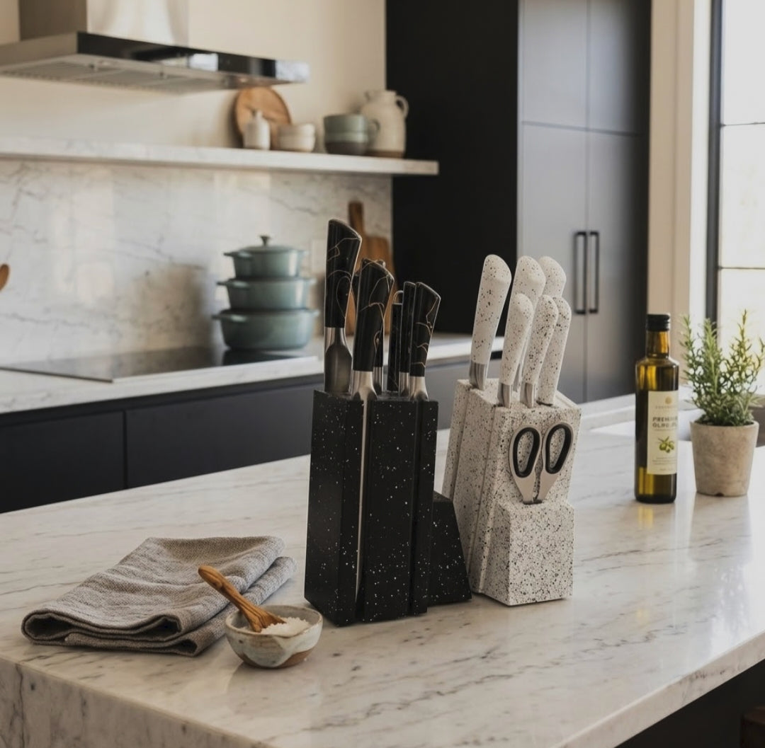 8-in-1 kitchen knife block set available in black and white for organised countertop storage and everyday food preparation.