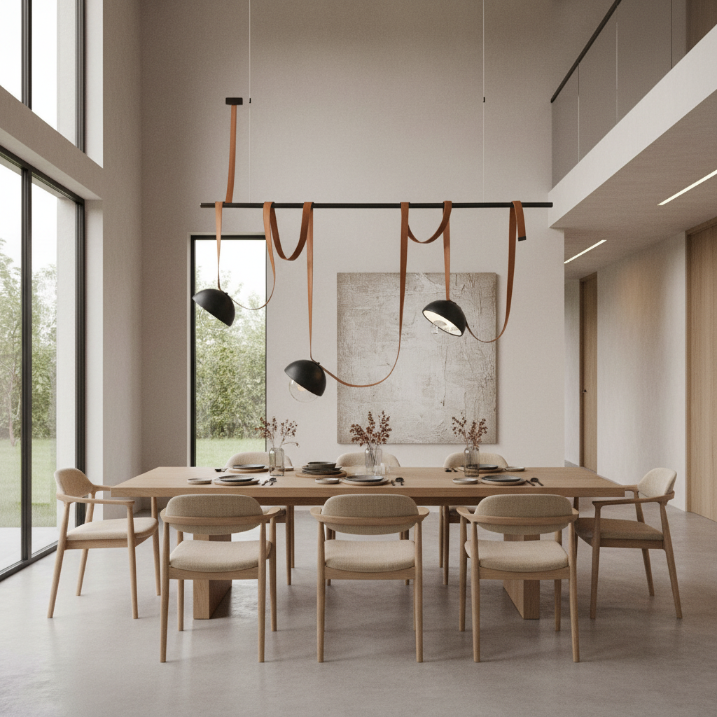 Linear pendant light with black metal bar three dome shades and leather strap suspension for dining table and kitchen island lighting