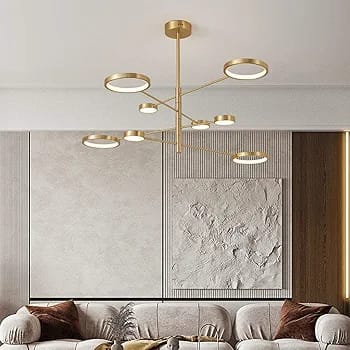 Gold molecular ring chandelier with asymmetric LED rings and brushed brass arms modern ceiling lighting fixture for living room and dining space