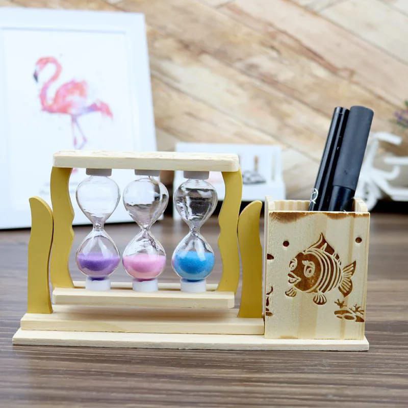 Wooden Pen Stand With  Hourglass Timer