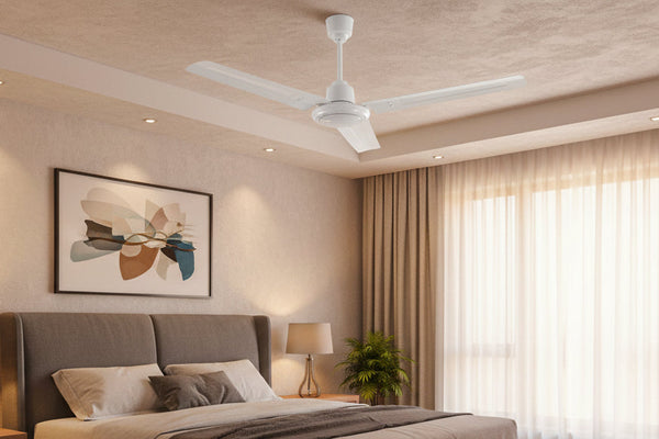 White ceiling fan with 3 steel blades, 56-inch sweep, modern indoor cooling fan for home or office.