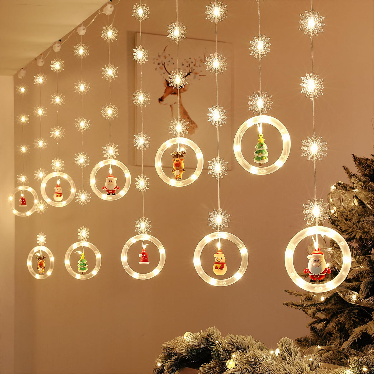 Christmas LED Lights with Santa, Snowman, Reindeer & Christmas Tree – 10 Pendants