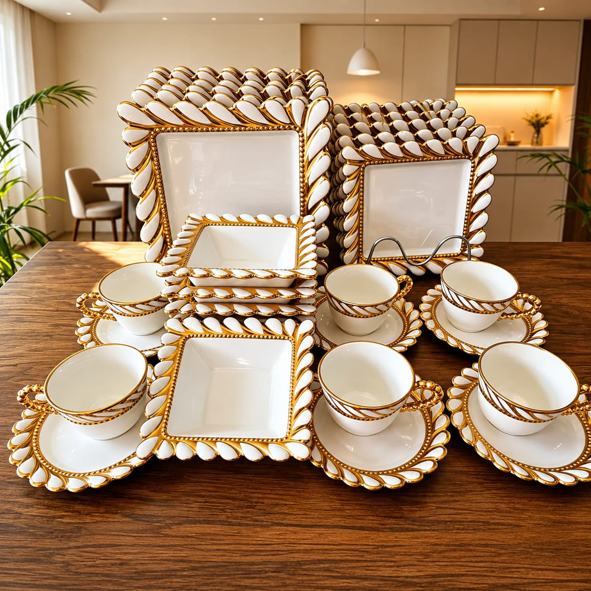 30pcs square ceramic dinner set with gold rims, including dinner plates, side plates, soup bowls, mugs and cup saucers.