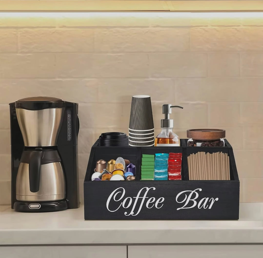 5 compartment wooden coffee station organiser, coffee tea sugar and beverage accessory storage caddy in Black and Brown -Brand(Gemelli Collection)