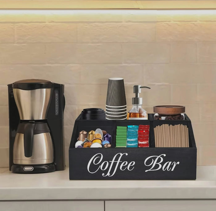 5 compartment wooden coffee station organiser, coffee tea sugar and beverage accessory storage caddy in Black and Brown -Brand(Gemelli Collection)