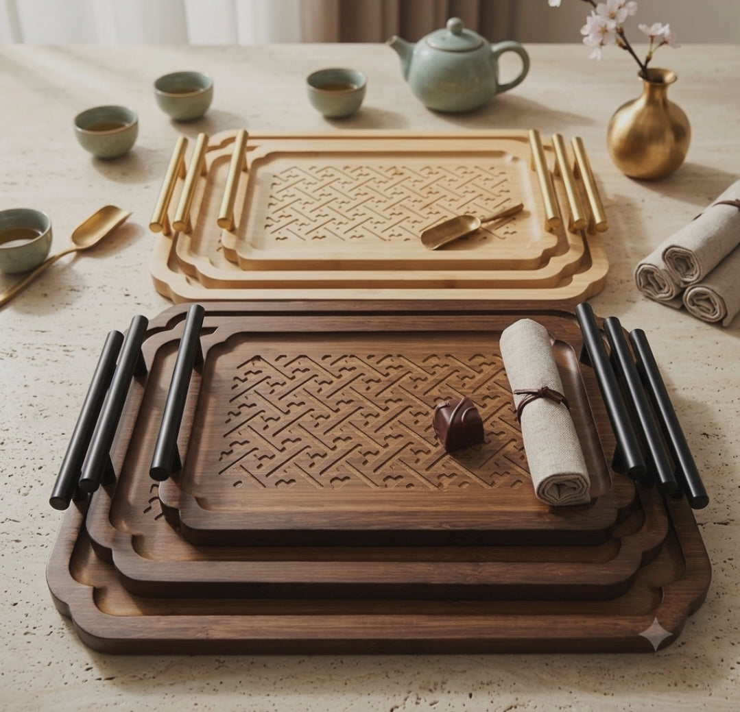 3 piece nested bamboo serving tray set with handles laser engraved decorative bamboo trays in three sizes