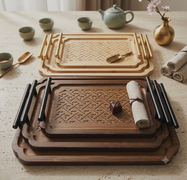 3 piece nested bamboo serving tray set with handles laser engraved decorative bamboo trays in three sizes