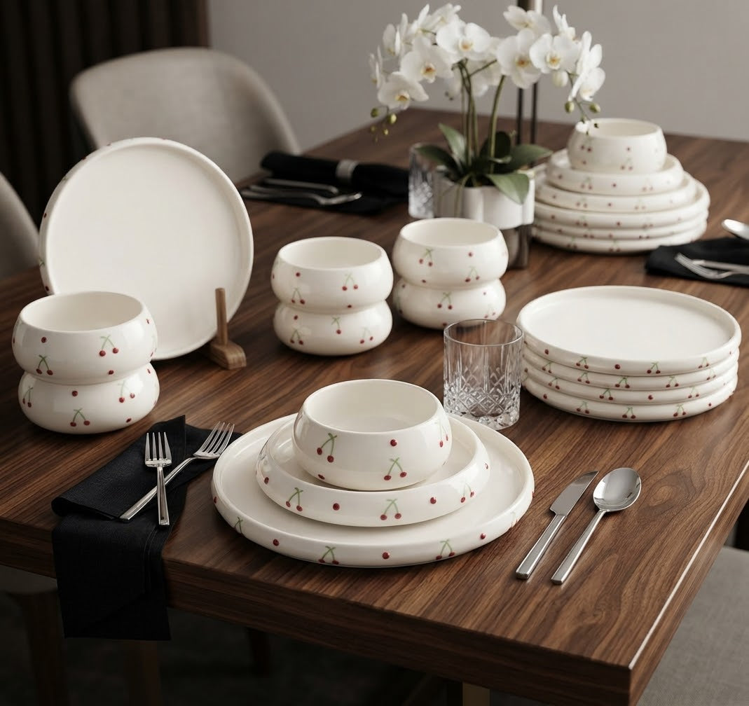 Gemelli Collections 24 piece cherry print double glaze ceramic dinner set with white dinner plates side plates salad pasta bowls and soup bowls