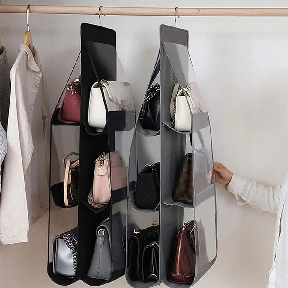Handbag Storage Hanging Bag – Dustproof Women Bag Organizer in Black and Grey for Wardrobe and Home Use