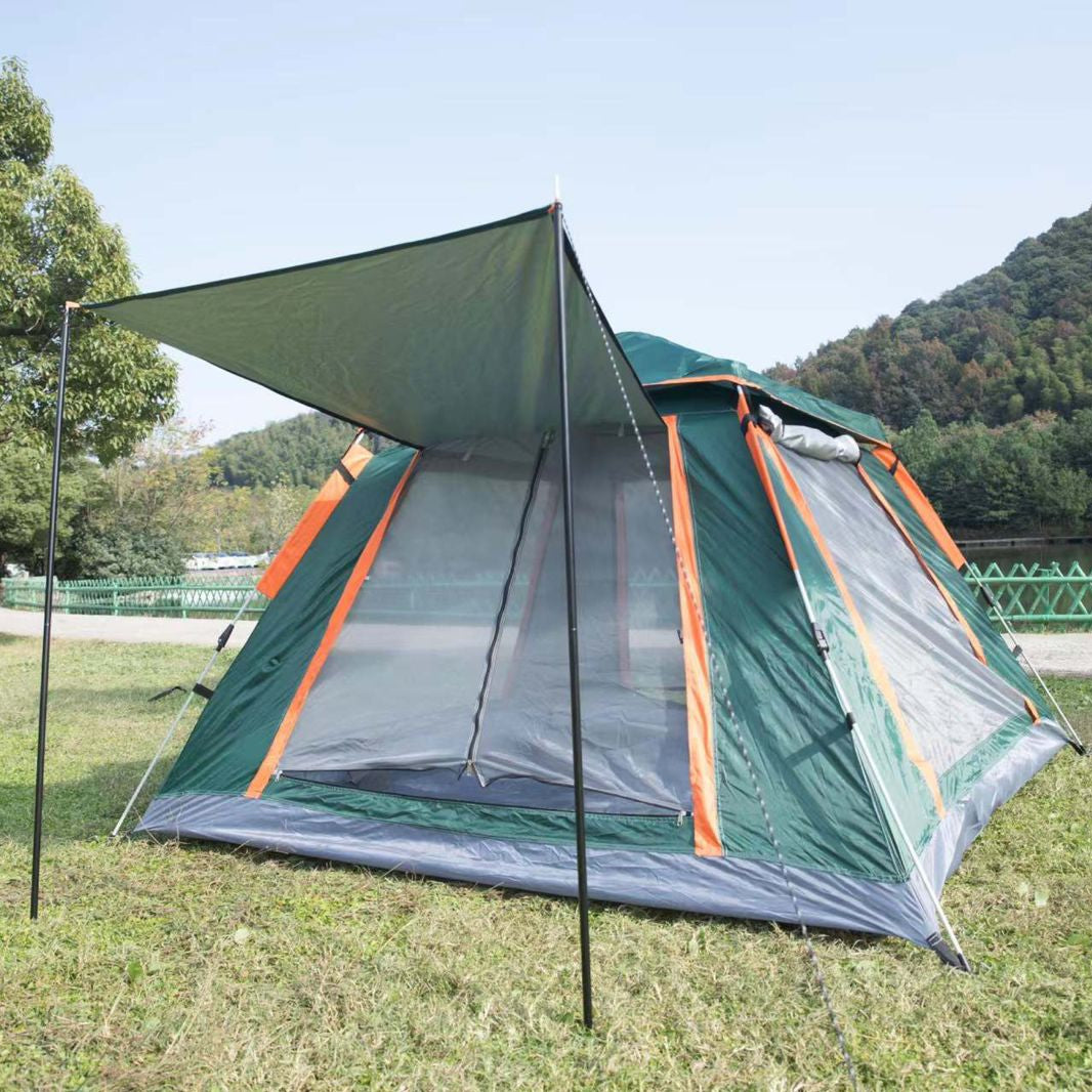 Gemelli Collections 5-8 person automatic camping tent measuring 240cm x 240cm x 155cm with front awning, waterproof fabric, mesh windows, and pop-up design in green and orange.