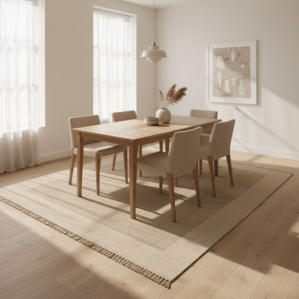 Gemelli Collections Oriental Weavers Kemet KBORIE197 beige natural double border waffle mesh jute look rug with fringe.