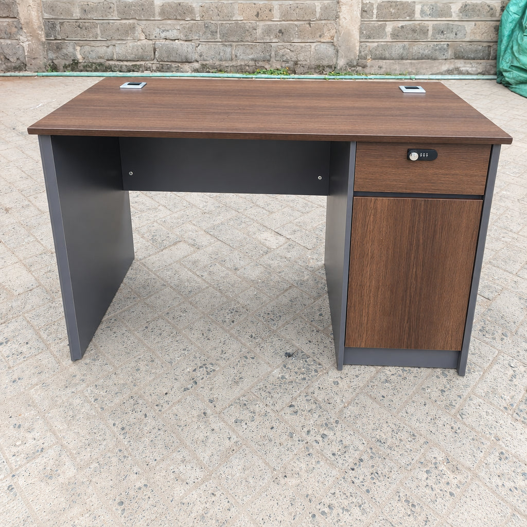 1.4M Dark Brown Walnut & Grey Finish Office Desk with Lockable Drawer and Cabinet