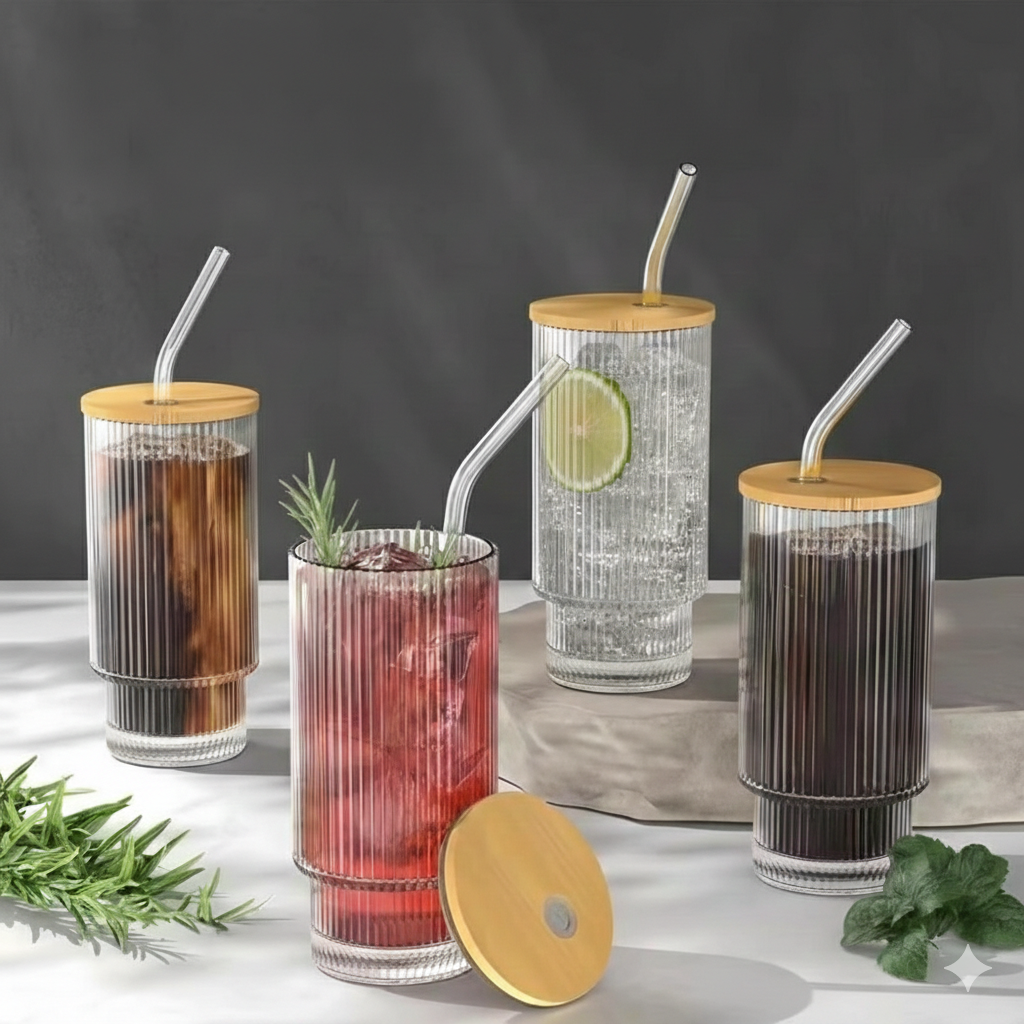 9-Piece Glass Smoothie Cup Set with Bamboo Lids