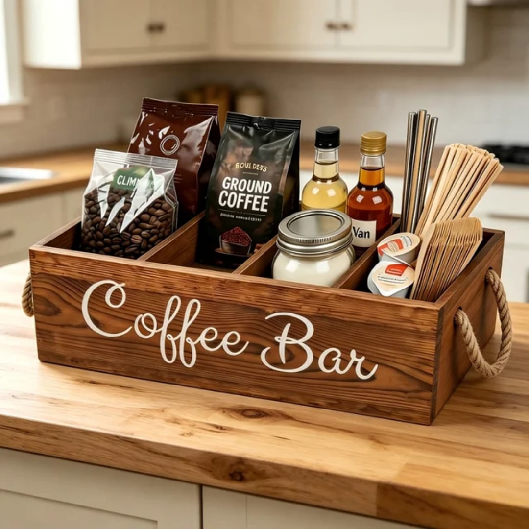Wooden tea and coffee holder with three removable dividers for organising tea bags coffee sachets sweeteners and beverage accessories