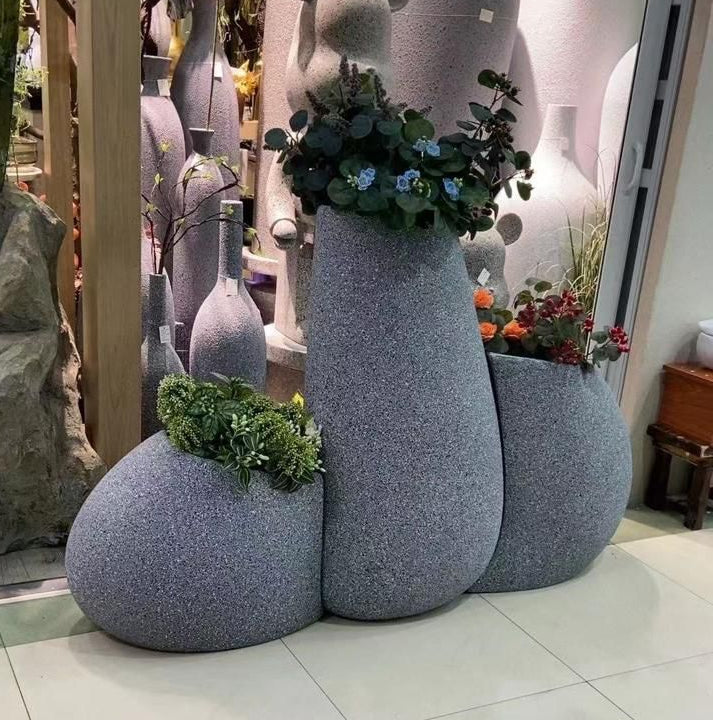 Gemelli Colllection modern 3-piece decorative floor vase set textured stone finish