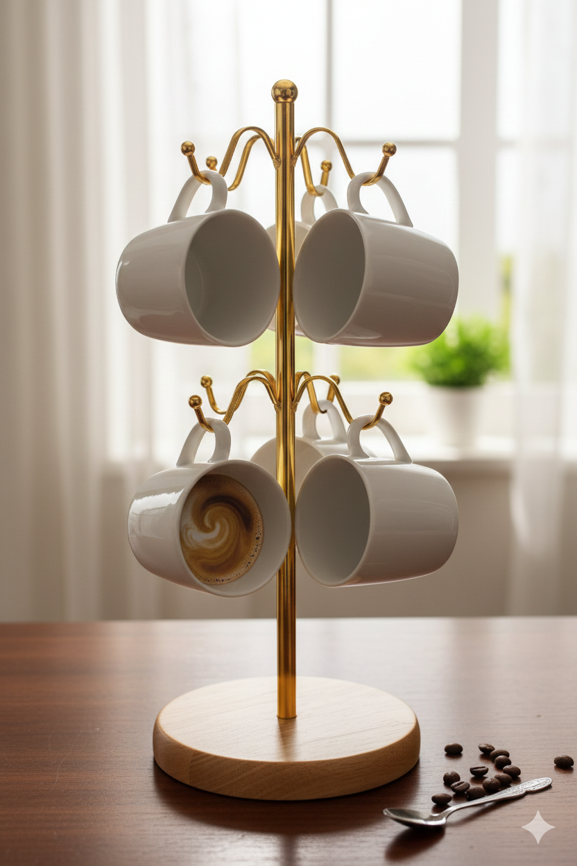 8-Slot Golden Cup Stand on Bamboo Base