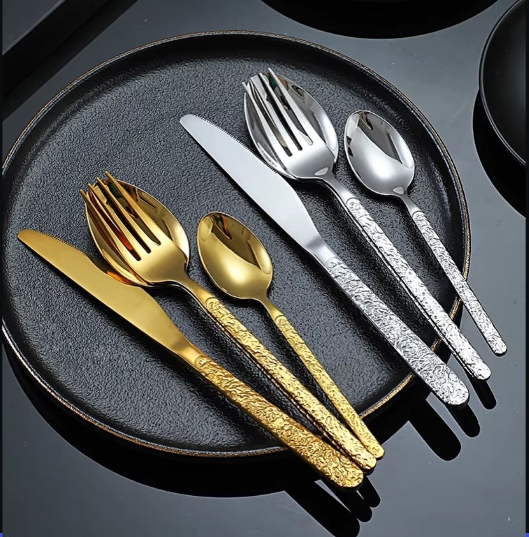 24-Piece Vintage Retro Stone Pattern Stainless Steel Cutlery Set