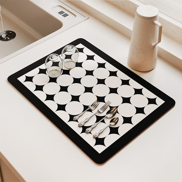 Gemelli Colllection super absorbent non slip dish drying mat diatom mud kitchen drain mat rubber drying pad for dishes cups utensils 40x50cm black grey blue patterned kitchen accessory