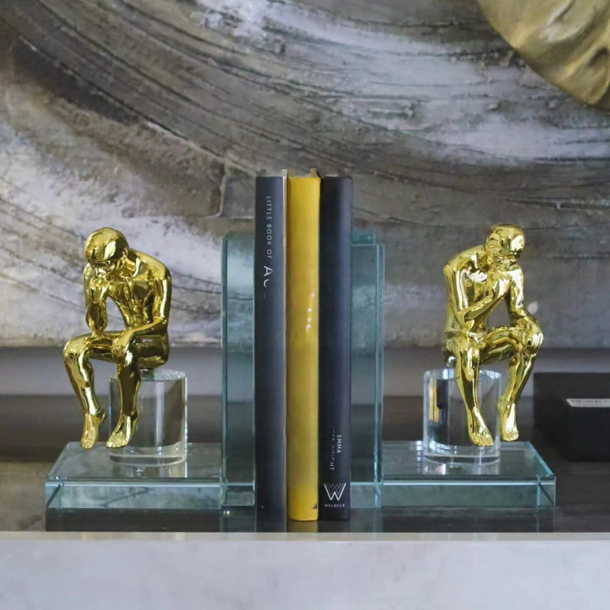 Gold Thinking Figure Mirrored Glass Bookends