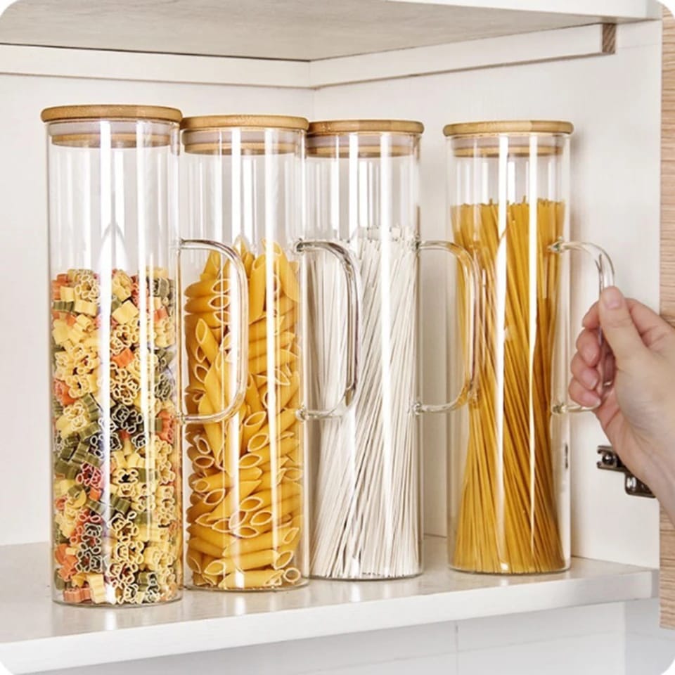 high borosilicate glass storage jar with bamboo wood lid and handle airtight food storage container for coffee tea sugar cereals grains snacks and pantry organisation with clear glass design for easy visibility