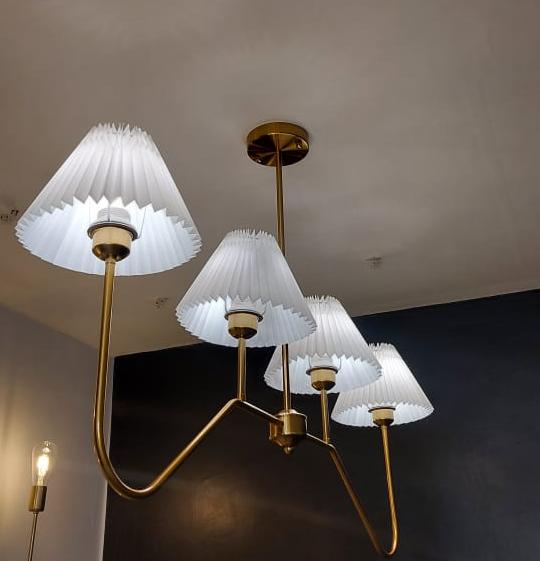 Brass swan neck 4 light chandelier with pleated fabric shades modern ceiling lighting fixture for dining and bedroom interiors