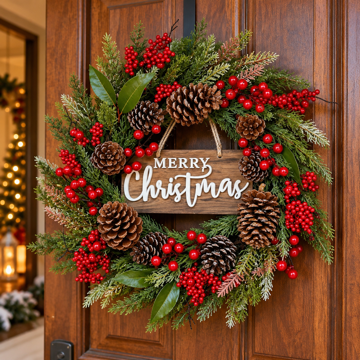 50cm Handmade Christmas Door Wreath with Pinecones and Red Berries