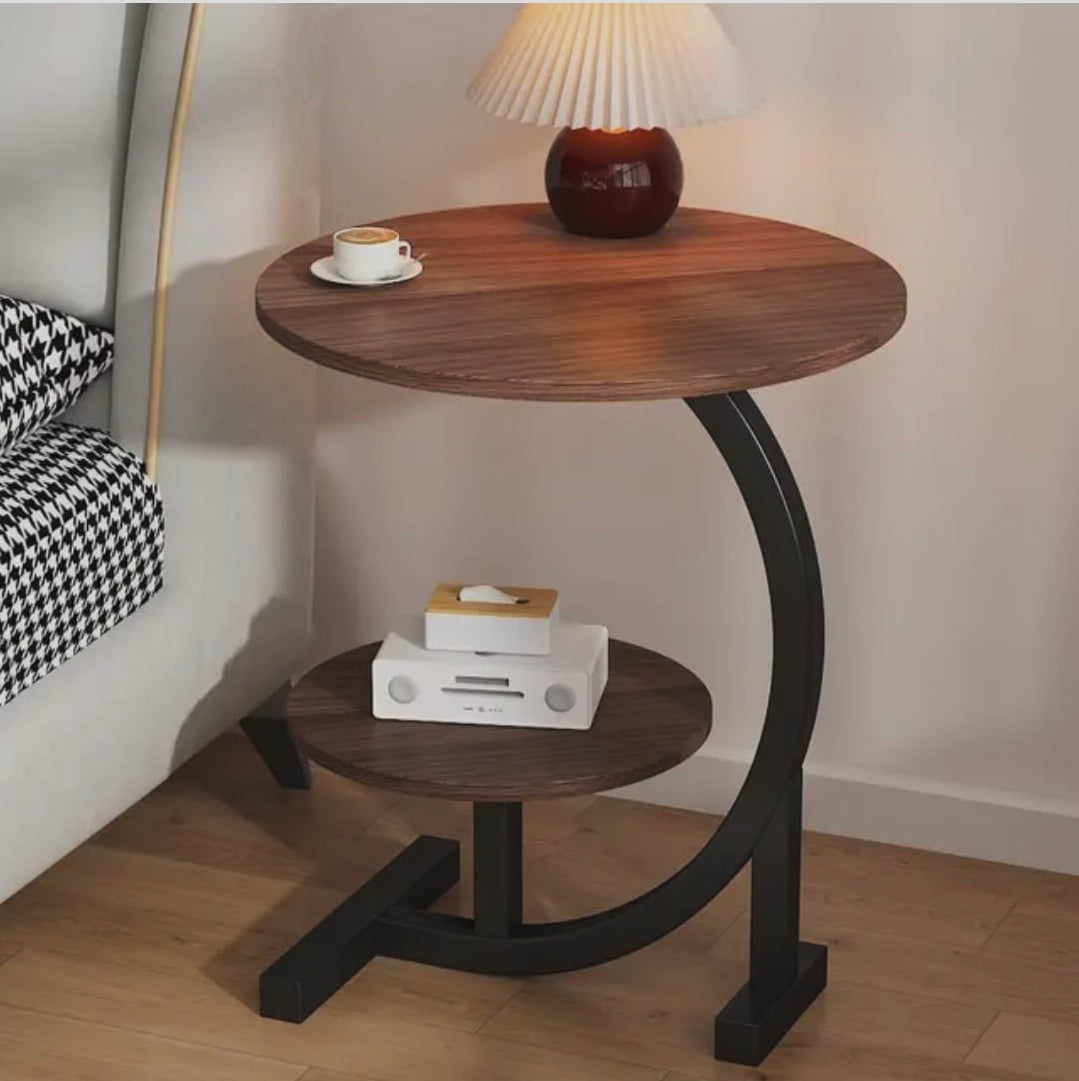 Round 2-in-1 walnut coffee and laptop table for working, studying, reading, and enjoying coffee beside a sofa, bed, or lounge chair