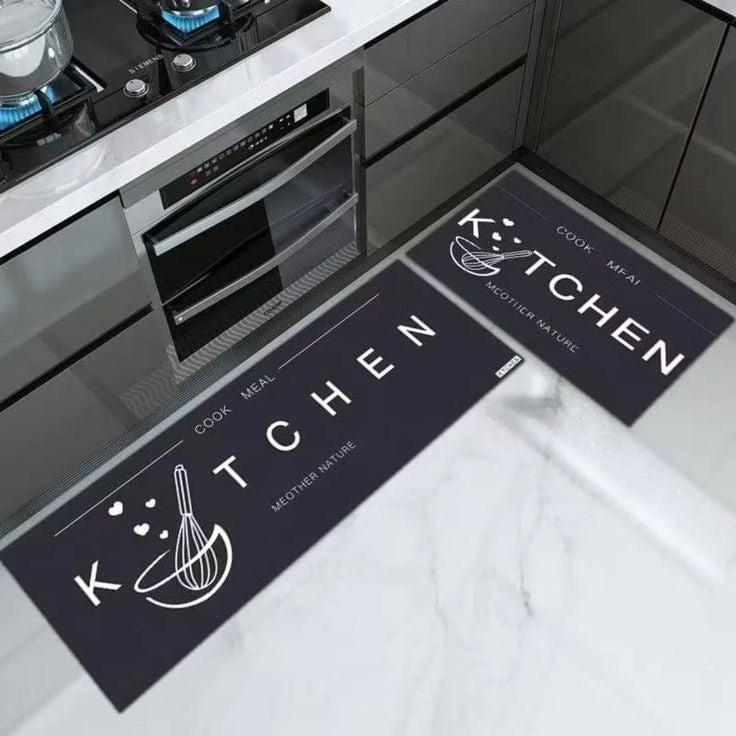 2-piece kitchen mat set with rubber anti-slip backing and bound edges, including 45cm x 120cm and 45cm x 80cm mats for kitchen floor protection and comfort