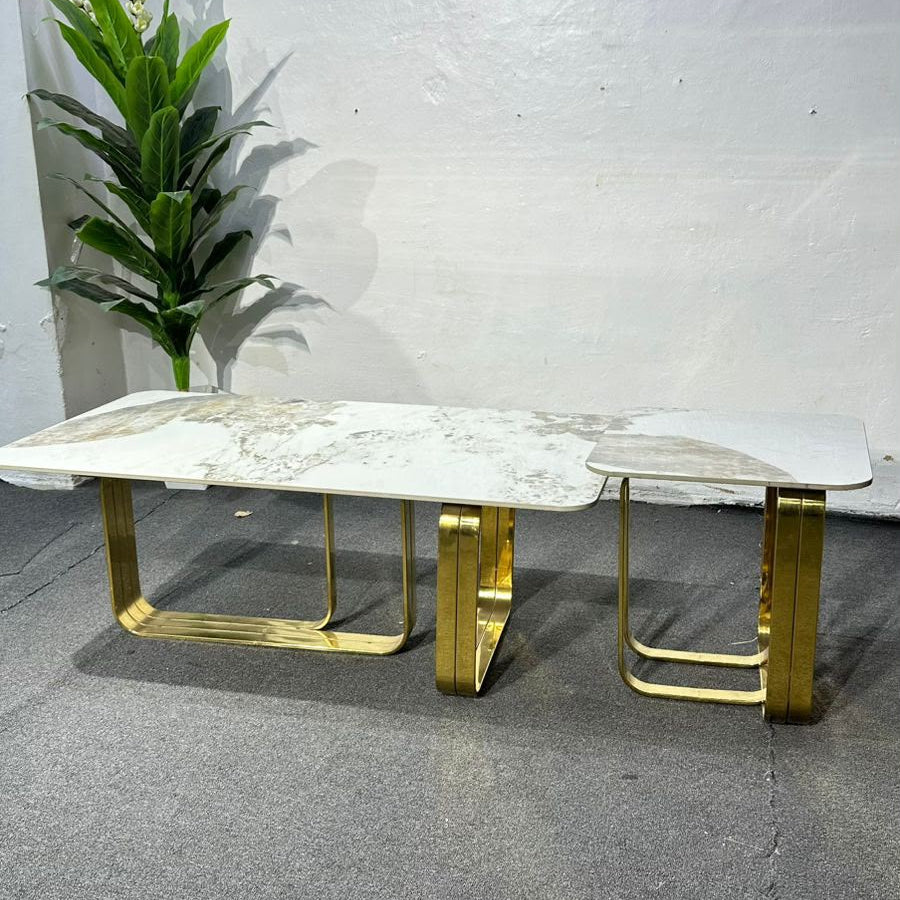 2-Piece Marble Top Stainless Steel Nesting Coffee Table Set