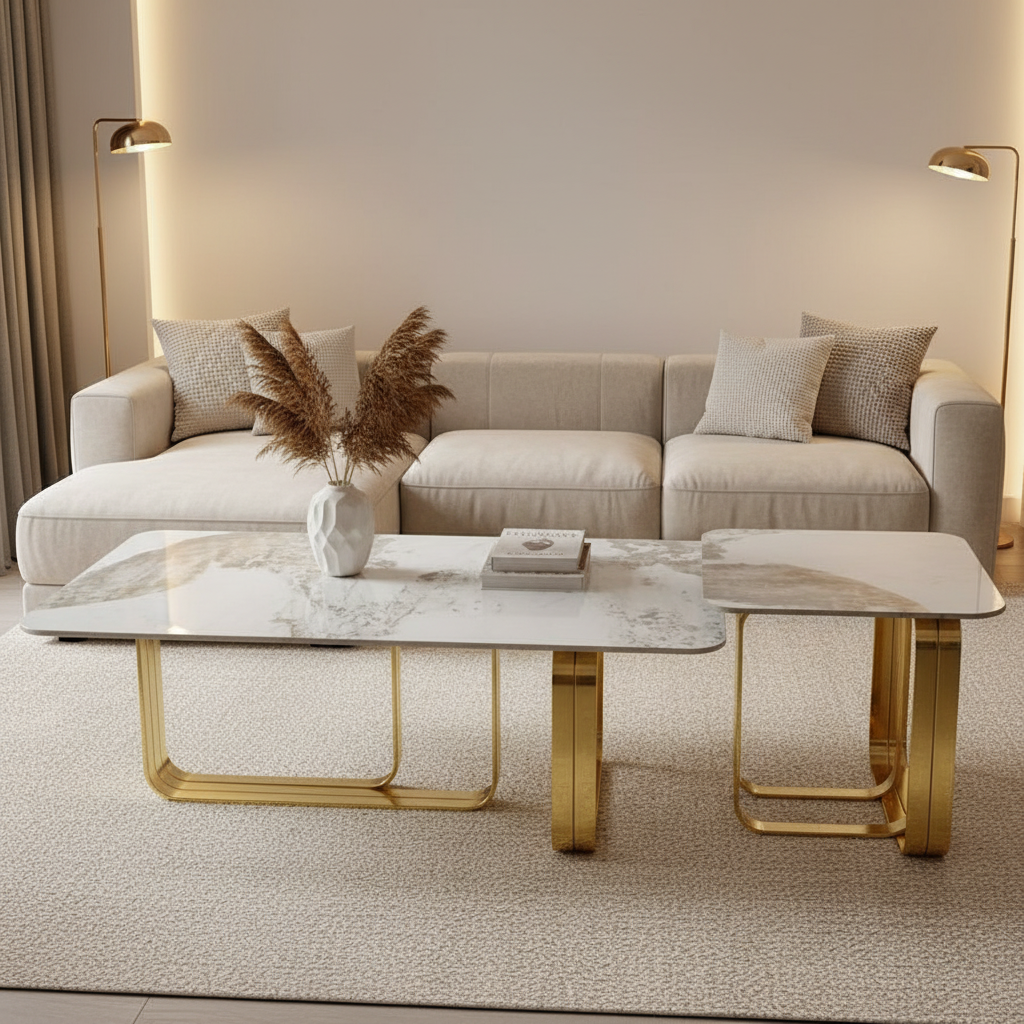 Gemelli Collections 2-piece nesting coffee table set with white marble top, grey and gold veining, and gold stainless steel geometric frame for luxury living room décor.