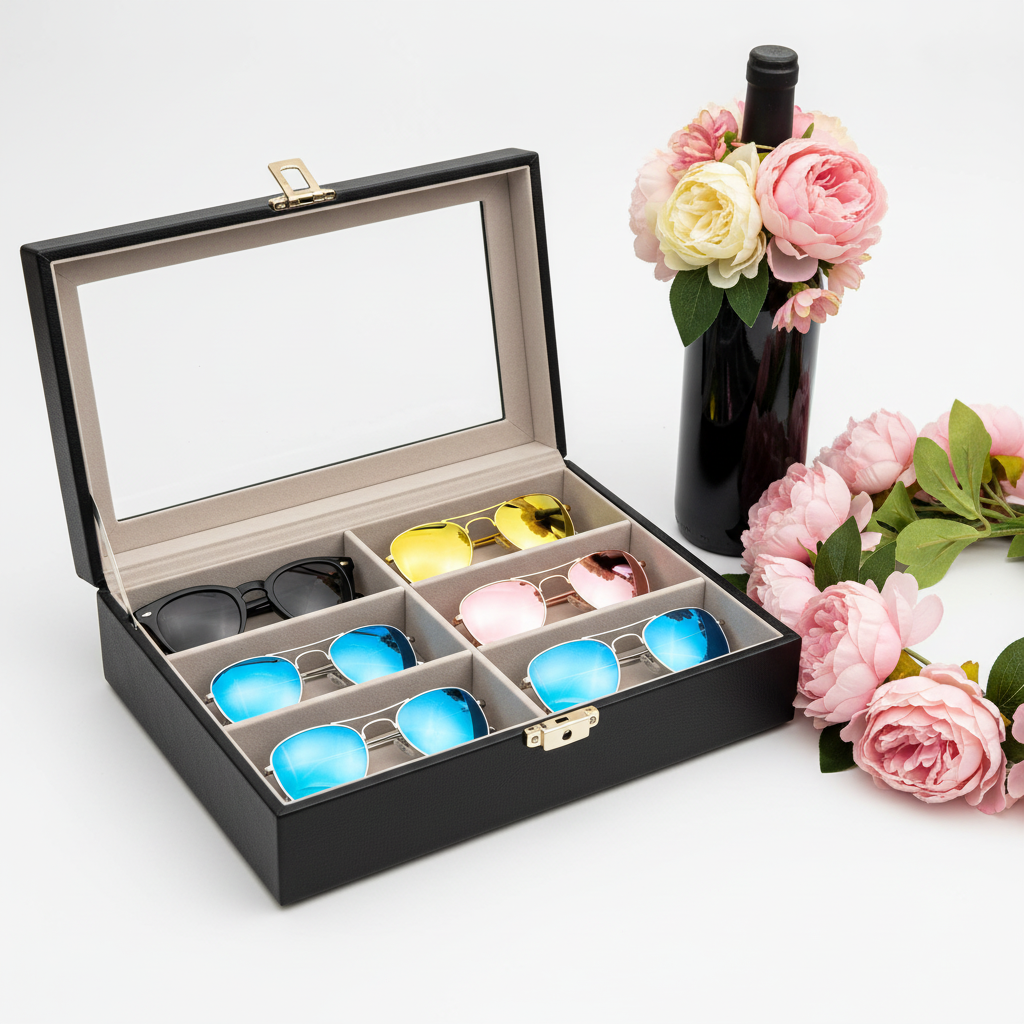 Gemelli Collections 8 Slot Sunglasses Organizer Box with individual compartments and transparent display lid for eyewear storage.